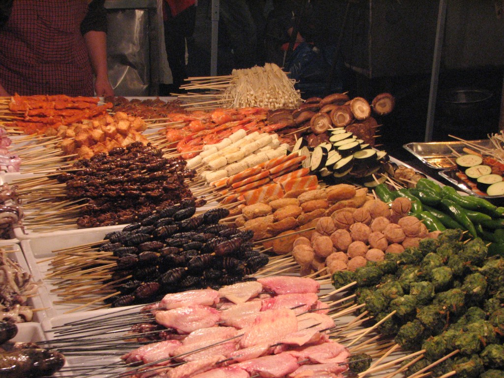 06_night street market Kaifeng China Skewers on the night food market in Kaifeng